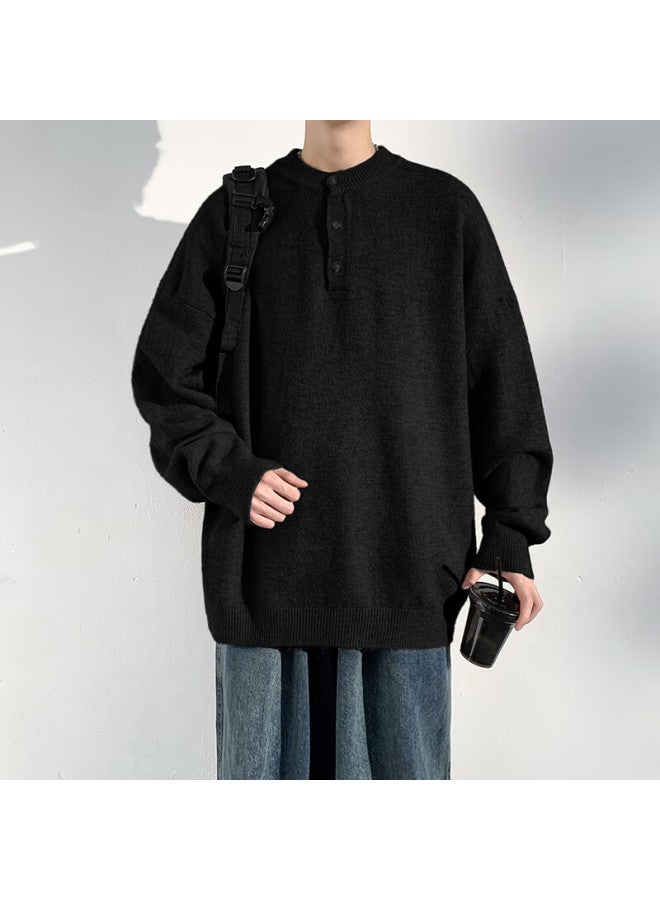Dingfengbaoluo Solid Color Casual Knit Sweater Men Autumn Vintage Comfortable Pullover Juc09 Black 4XL - Image 1