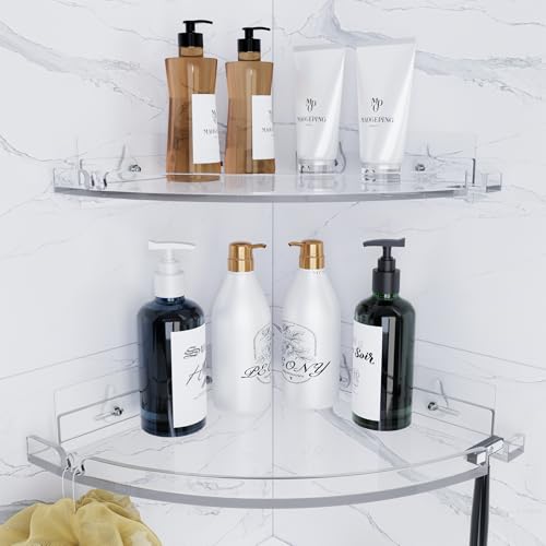 YAWSOUP Acrylic Corner Shower Shelves, Adhesive Shower Caddy Organizer for Bathroom Storage Home Decor, Clear Rustproof No Drilling Wall Shelf, 2-Pack - Image 1