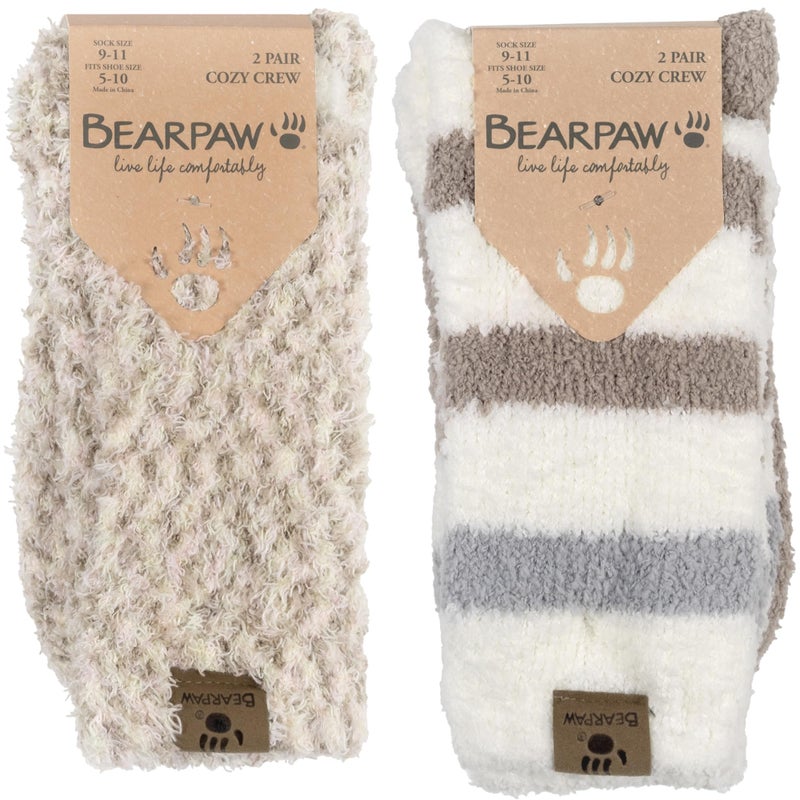 BEARPAW 4 Pair Pack Cozy Super Soft Lounge Socks Multi Pattern Crew Socks, Taupe - Image 4