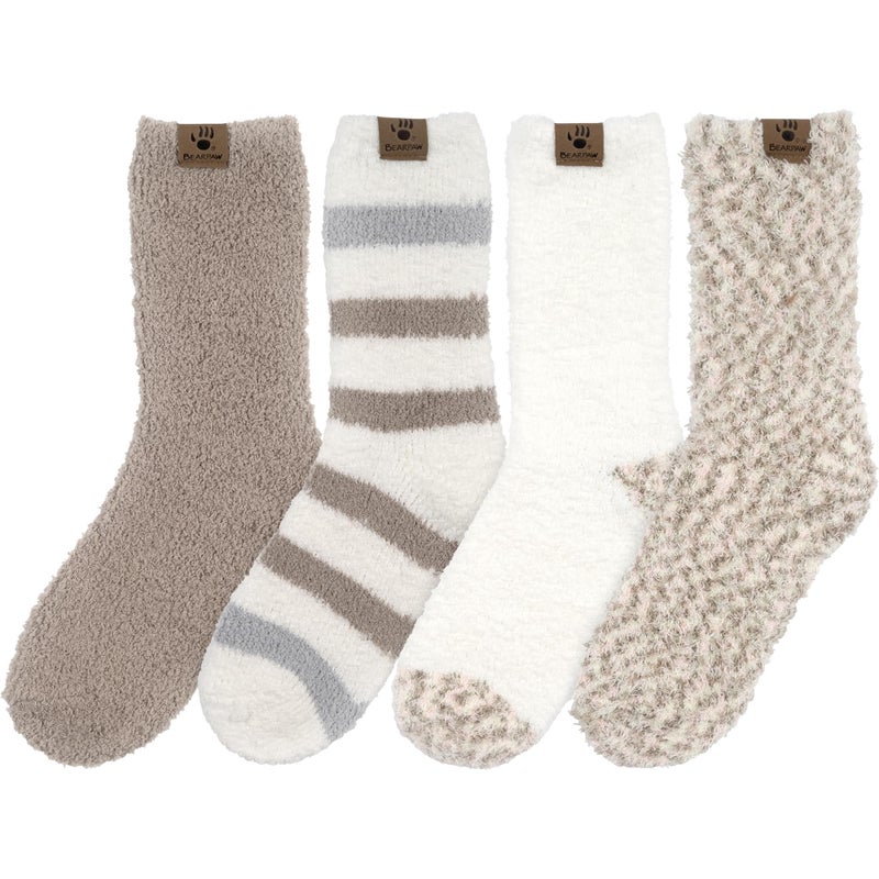 BEARPAW 4 Pair Pack Cozy Super Soft Lounge Socks Multi Pattern Crew Socks, Taupe - Image 5