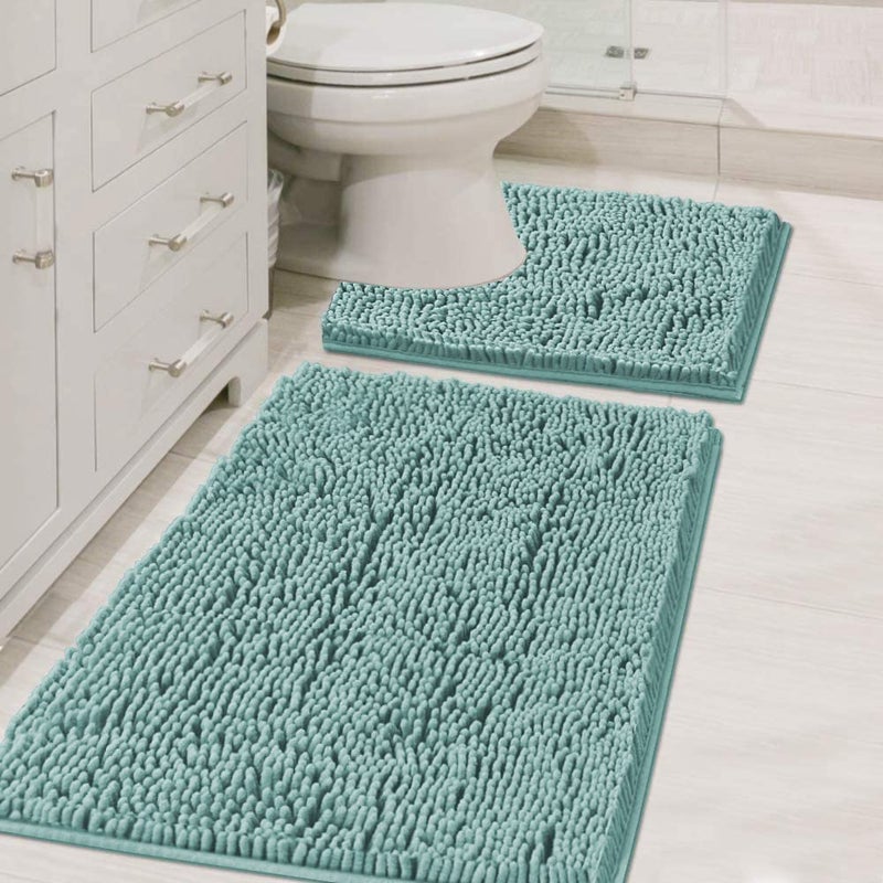 HVERSAILTEX Original Shaggy Chenille 2 Piece Bath Rug Set 20x20 Square UShape Contoured Toilet Mat  32x20 Carpet Rug Machine WashDry Mats Soft Plush Rugs for Tub Shower Eggshell Blue
