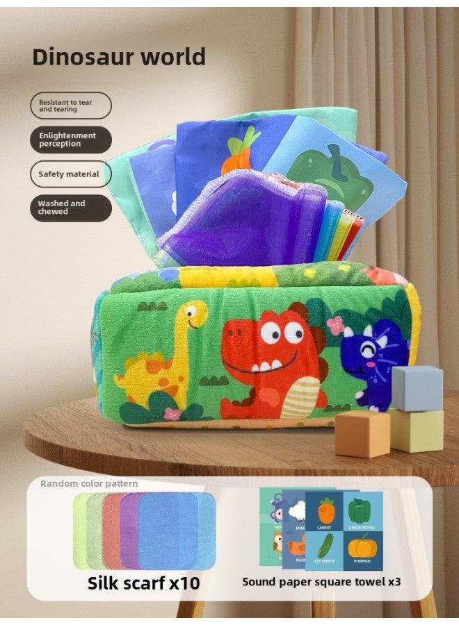 Baby Tissue Toy Tissue Box 0-1 Years Old Baby Early Education Tear-proof Finger Exercise Ringing Paper Biting Toy-Color:Dinosaur Paradise Tissue Box ]  - Image 1