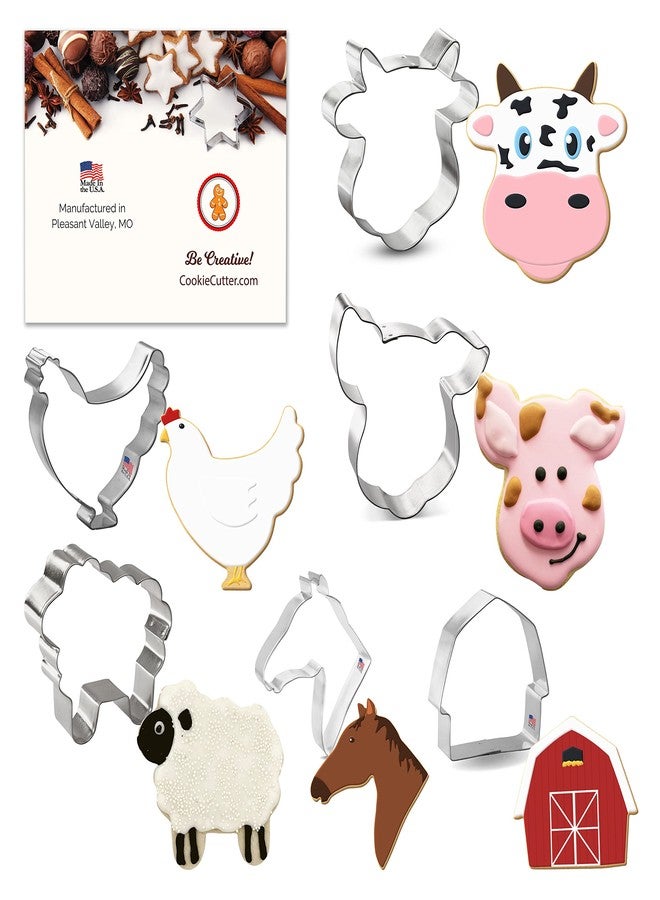 Foose Barnyard Cookie Cutter Set 6 Pc - Fluffy Sheep 3.75 in, Chicken 3.75 in, Horse Head 3.5 in, Barn 3 in, Cow Face 4.25 in, Pig Face 4.25 in - Foose Cookie Cutters - USA Tin Plated Steel - Image 1