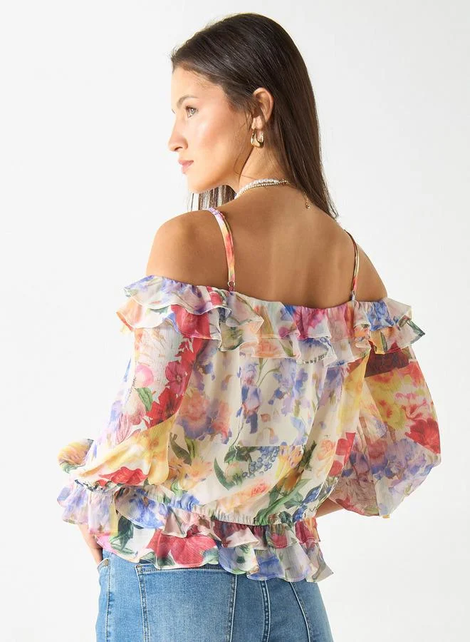 2Xtremz 2Xtremz All-Over Floral Print Off Shoulder Top with Volume Sleeves