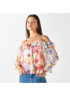2Xtremz 2Xtremz All-Over Floral Print Off Shoulder Top with Volume Sleeves  - Image 1