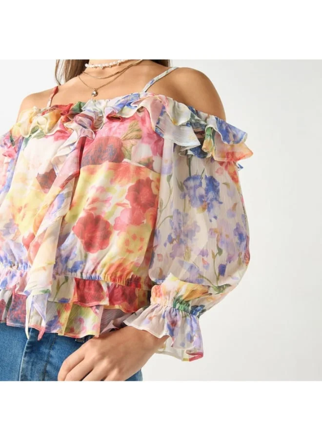 2Xtremz 2Xtremz All-Over Floral Print Off Shoulder Top with Volume Sleeves