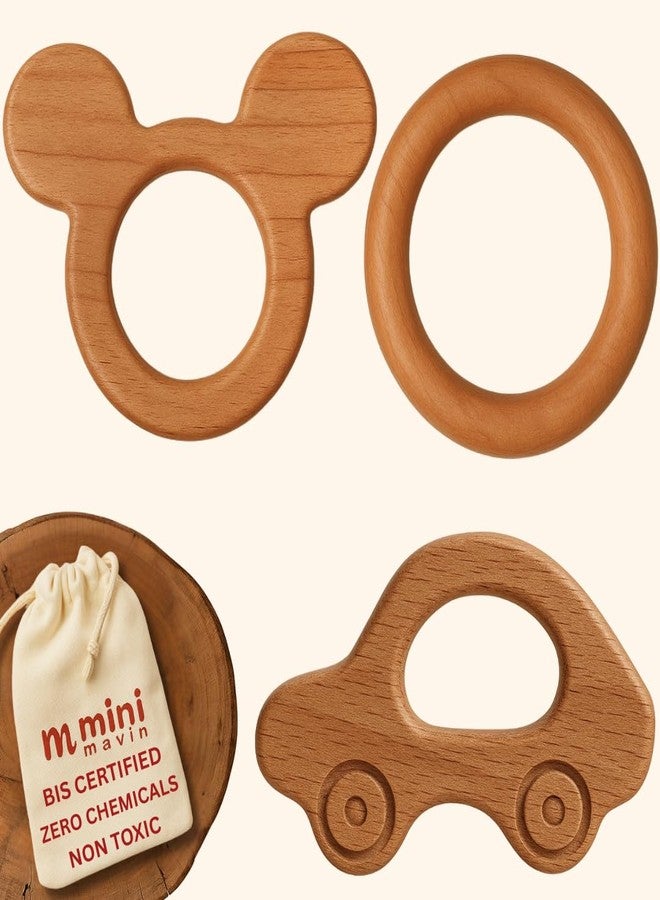 MINI MAVIN Minimavin Neem Wood Teether for Babies (0-12 Months) - Natural Wooden Teething Toy & Rattle | BPA Free Gum Relief & Easy Grip | Safe Baby Toys for Infants 3-6 to 6-12 Months(Bunny+CAR+Ring_Set of 3) - Image 1