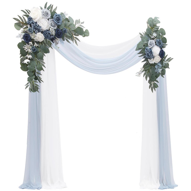 Floroom Arch Flowers with Drapes Kit Pack of 4  2pcs Artificial Dusty Blue  Navy Blue Floral Swag Arrangement with 2pcs Draping Fabric for Wedding Ceremony Arbor and Reception Backdrop Decoration