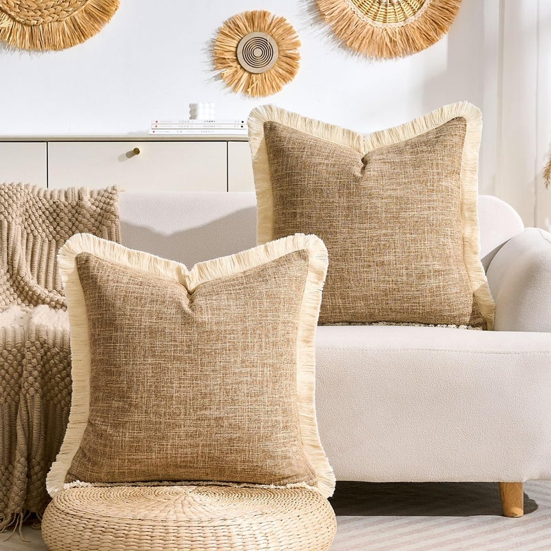 KWLET Boho Throw Pillow Covers Decorative Linen Fringe Pillowcase 16x16 Farmhouse Pillow Covers with Tassels Soft Accent Pillowcase for Couch Sofa Bed Living Room Home Decor Khaki - Image 3
