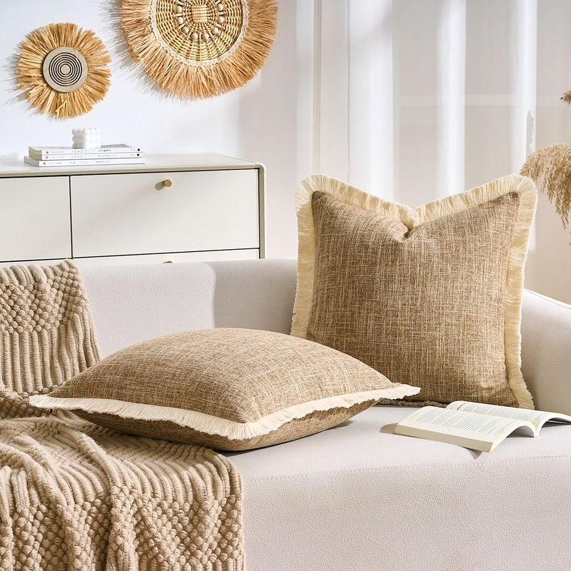 KWLET Boho Throw Pillow Covers Decorative Linen Fringe Pillowcase 16x16 Farmhouse Pillow Covers with Tassels Soft Accent Pillowcase for Couch Sofa Bed Living Room Home Decor Khaki - Image 2
