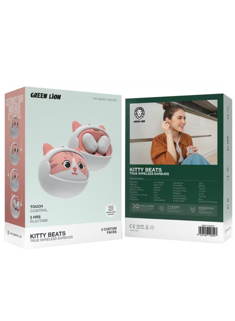 جرين ليون سماعات أذن لاسلكية حقيقية من كيتي بيتس بثلاثة وجوه مخصصة، وبلوتوث 5.4، وتحكم باللمس، ومساعد صوتي، وجودة مكالمات واضحة، ومنفذ شحن من النوع C - أبيض - Image 5