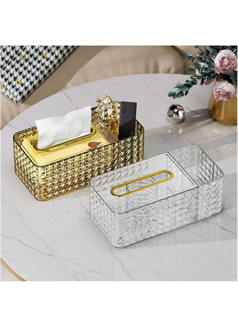 Generic - Acrylic Tissue Box Organizer and Holder with Lid, Multi-Purpose Organizer for Remote, Toiletries, and Facial Tissue Holder in Rectangular Shape for Home, Restaurant, Office, and Car (Clear Gold) - Image 1