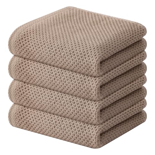 Kitinjoy 100 Cotton Waffle Weave Kitchen Hand Towels 13 X 28 Inches Tan 4Pack Super Soft and Absorbent Dish Towel for Drying Dishes - Image 1