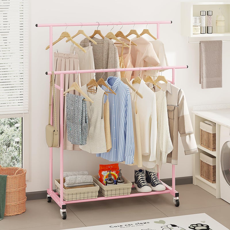 Calmootey Double Rod Clothing Garment Rack,Rolling Hanging Clothes Rack,Portable Clothes Organizer for Bedroom,Living Room,Clothing Store,Pink - Image 4