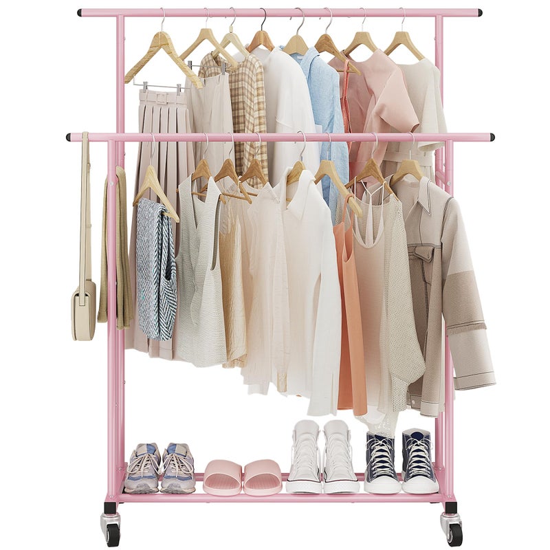 Calmootey Double Rod Clothing Garment Rack,Rolling Hanging Clothes Rack,Portable Clothes Organizer for Bedroom,Living Room,Clothing Store,Pink - Image 2