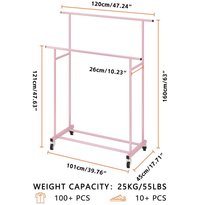 Calmootey Double Rod Clothing Garment Rack,Rolling Hanging Clothes Rack,Portable Clothes Organizer for Bedroom,Living Room,Clothing Store,Pink - Image 3