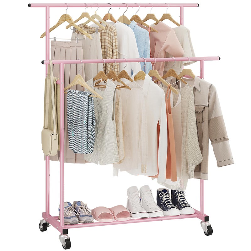 Calmootey Double Rod Clothing Garment Rack,Rolling Hanging Clothes Rack,Portable Clothes Organizer for Bedroom,Living Room,Clothing Store,Pink - Image 1
