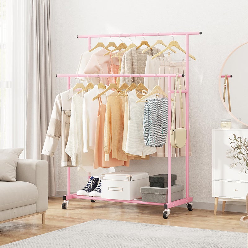 Calmootey Double Rod Clothing Garment Rack,Rolling Hanging Clothes Rack,Portable Clothes Organizer for Bedroom,Living Room,Clothing Store,Pink - Image 5