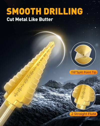 COMOWARE Step Drill Bit Set 5-Piece Titanium-Coated with Automatic Center Punch - Short Length, Double Cutting Blades, High-Speed Steel - Covering 50 Sizes, Complete with Aluminum Case - Image 2