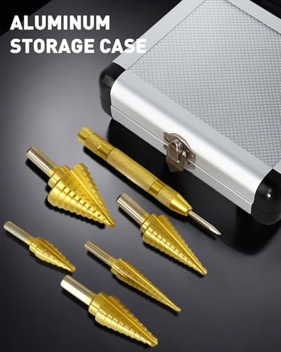 COMOWARE Step Drill Bit Set 5-Piece Titanium-Coated with Automatic Center Punch - Short Length, Double Cutting Blades, High-Speed Steel - Covering 50 Sizes, Complete with Aluminum Case - Image 4