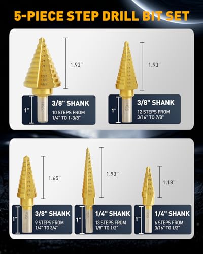 COMOWARE Step Drill Bit Set 5-Piece Titanium-Coated with Automatic Center Punch - Short Length, Double Cutting Blades, High-Speed Steel - Covering 50 Sizes, Complete with Aluminum Case - Image 3