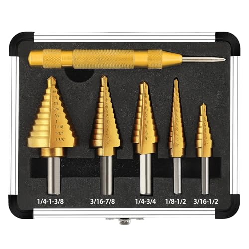 COMOWARE Step Drill Bit Set 5-Piece Titanium-Coated with Automatic Center Punch - Short Length, Double Cutting Blades, High-Speed Steel - Covering 50 Sizes, Complete with Aluminum Case - Image 1