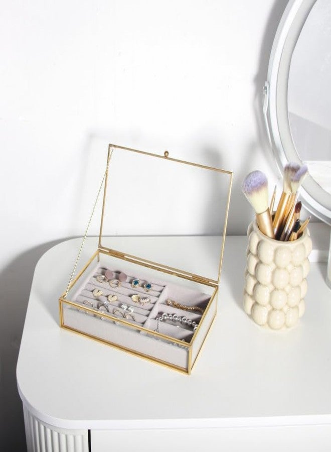 فيارل علبة مجوهرات زجاجية ذهبية من فيارل، حامل لعرض الخواتم والأقراط، منظم للأساور والبروشات، علبة تذكارية مزخرفة لحفظ بطاقات الصور، صينية مخملية لتزيين المنزل وطاولة الزينة - Image 3