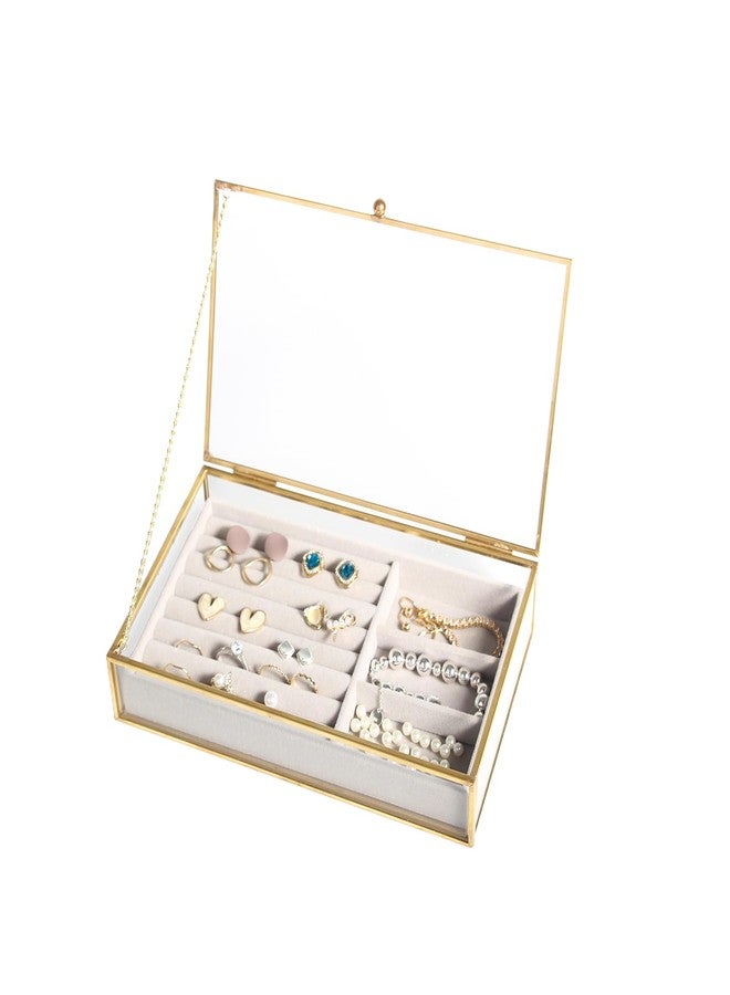 فيارل علبة مجوهرات زجاجية ذهبية من فيارل، حامل لعرض الخواتم والأقراط، منظم للأساور والبروشات، علبة تذكارية مزخرفة لحفظ بطاقات الصور، صينية مخملية لتزيين المنزل وطاولة الزينة - Image 1