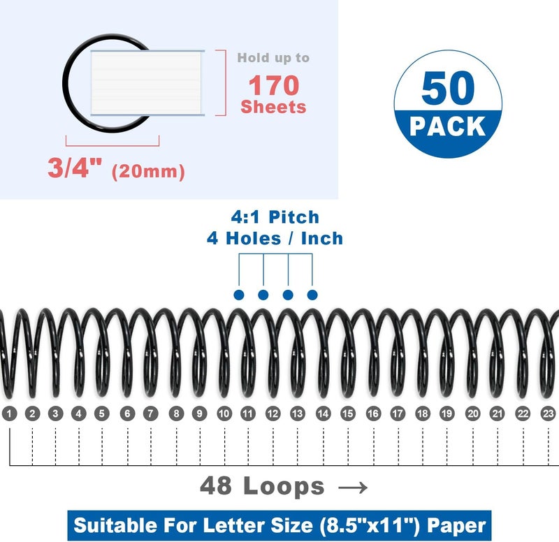 HOUYEE Store 50 Pack Plastic Spiral Binding Coils, 20mm (3/4"),170 Sheets Capacity,4:1 Pitch, 48 Loops, for Letter Size (Black) - Image 2