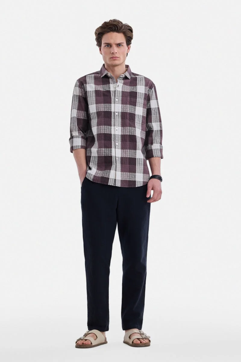 SNITCH Burgundy Checkered Long Sleeve Regular Fit Shirt