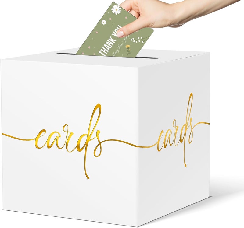 CINSOEN White Card Box with Gold Foil Design, Paperboard Card Box for Birthday Wedding Party Graduation Retirement Anniversary Valentine's Day & Baby Showers, Raffle or Money Box - Image 1