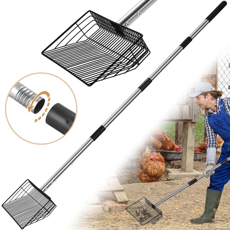 10inch Large Metal Chicken Poop Scooper 24 to 68 Long Chicken Coop Litter Scoop with Stainless Steel Handle 4 in 1 Multifunctional Heavy Duty Litter Sifting Shovel Chicken Coop Accessories