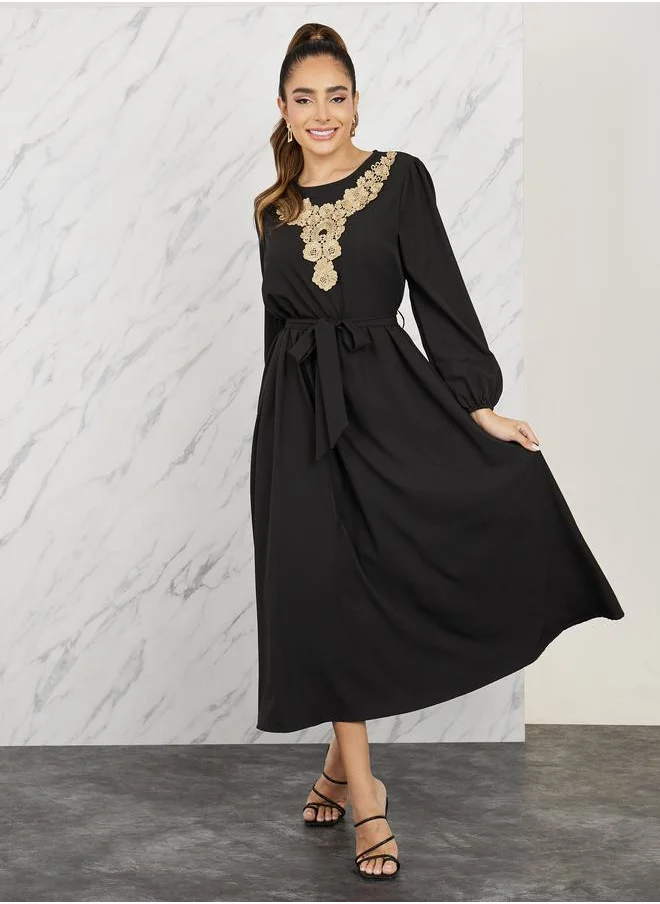 تايك تو Embroidered Lace Detail A-Line Maxi Dress