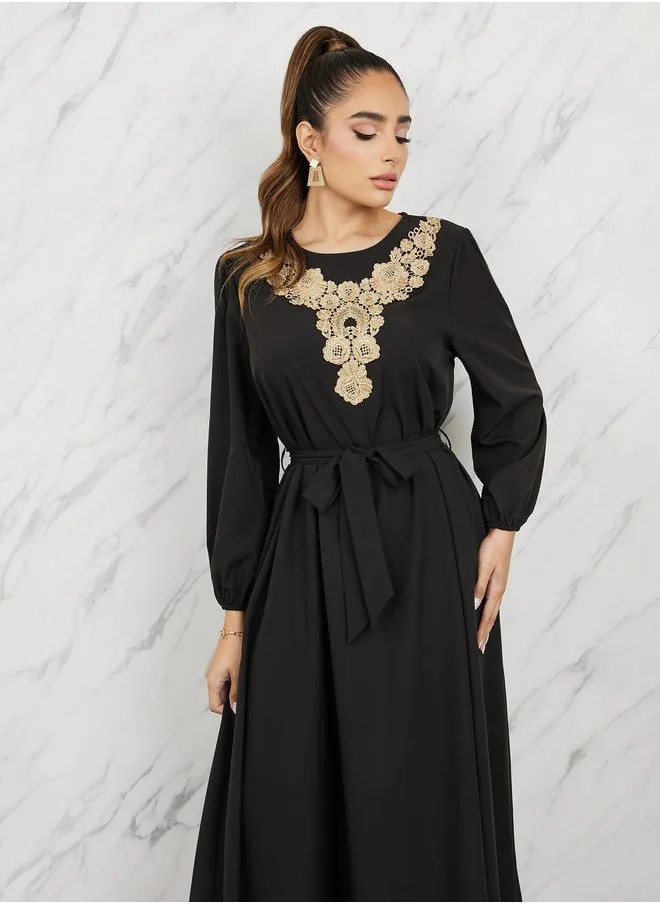 تايك تو Embroidered Lace Detail A-Line Maxi Dress