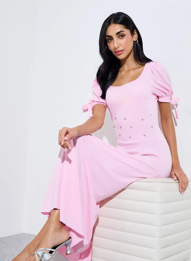 Pink Square Neck Midi Dress with Embellishment