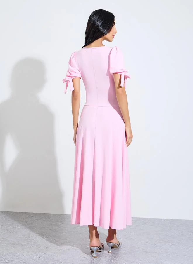 Styli light pink Pink Square Neck Midi Dress with Embellishment for Women | Best Price UAE