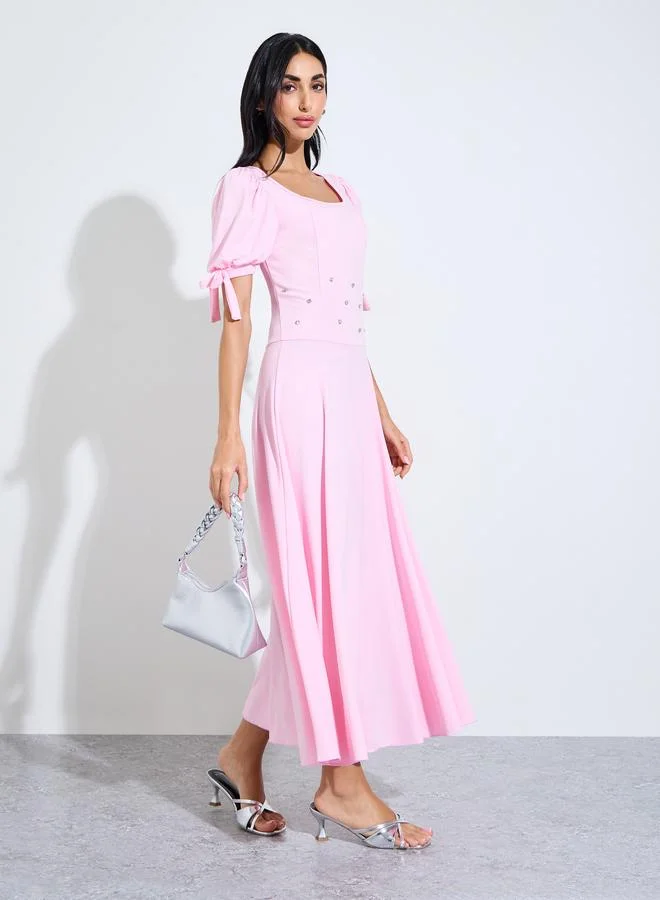 Styli light pink Pink Square Neck Midi Dress with Embellishment for Women | Best Price UAE