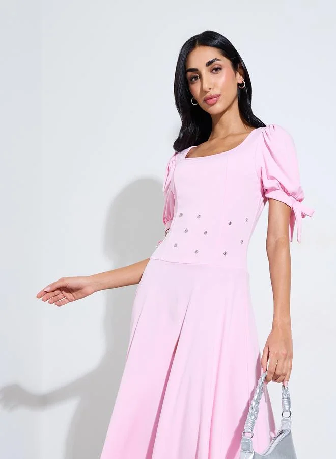 Styli light pink Pink Square Neck Midi Dress with Embellishment for Women | Best Price UAE