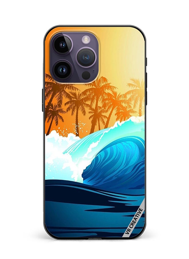 VR CREATIVE Protective Case Cover For Apple iPhone 15 Pro Tropical Surfing Wave At Sunrise With Palm Tree Design Multicolour  - Image 1