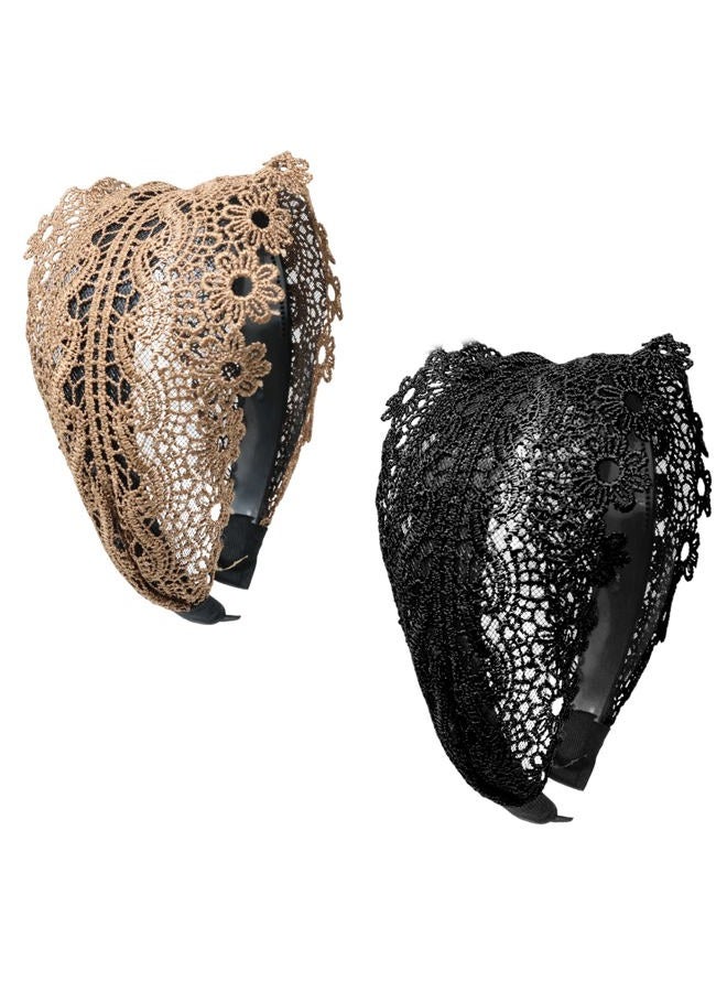HONBAY 2PCS Fashion Wide Lace Headbands Vintage Floral Headband Elastic Makeup Hairbands With Teeth for Women (2 Color) - Image 1