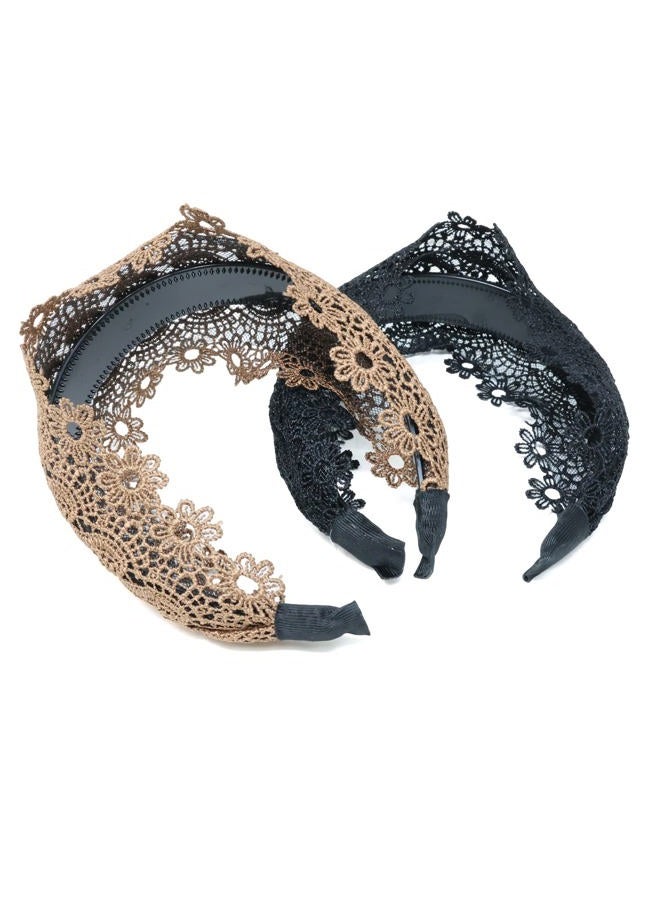 HONBAY 2PCS Fashion Wide Lace Headbands Vintage Floral Headband Elastic Makeup Hairbands With Teeth for Women (2 Color) - Image 3