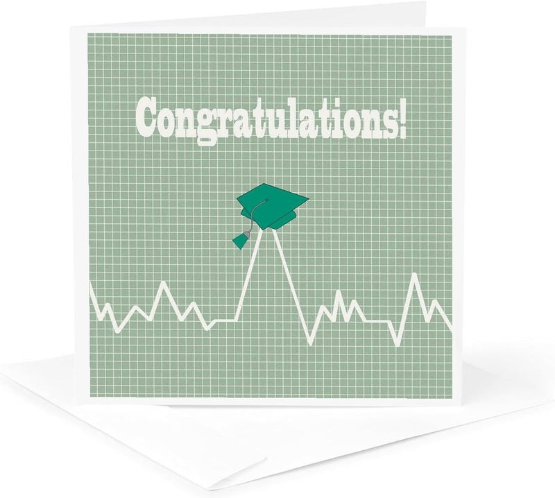 3DROSE 3dRose Greeting Card  Heart Beat with Grad Cap on Graph Paper Medical Theme Green  Graduation Design - Image 1