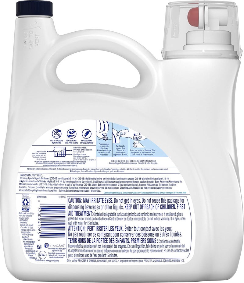 Tide منظف غسيل سائل خالي ولطيف، 96 غسلة، 138 أونصة سائلة - Image 2