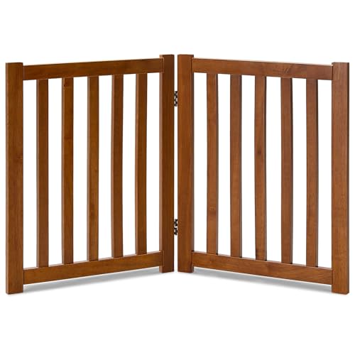 LZRS 2-Panel Wooden Free Standing Foldable Dog Gate Indoor – Solid Hardwood 24" High, Step-Over Safety Pet Gate for Doorways, Stairs & Small Spaces - Indoor Use, Oak - Image 1