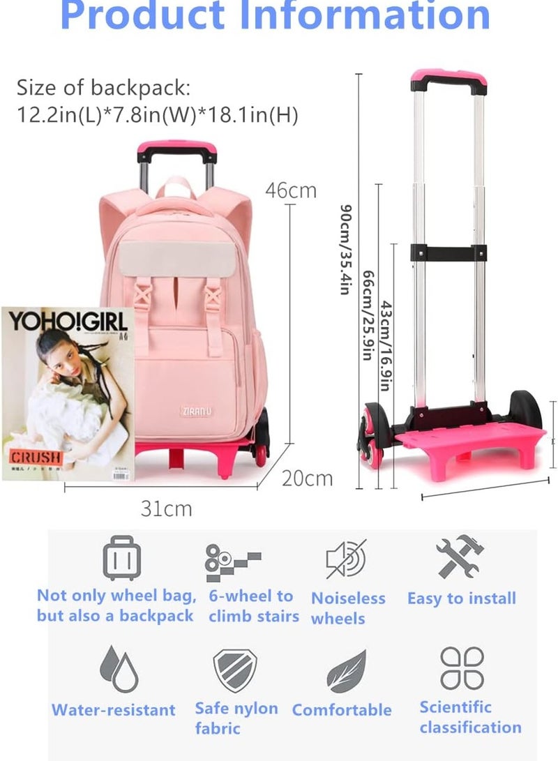 ZIRANYU ORiTi Solid-Color Rolling Backpack for Girls, Trolley Wheel School Bag, Wheeled Bookbag on 6 Wheels - Image 4