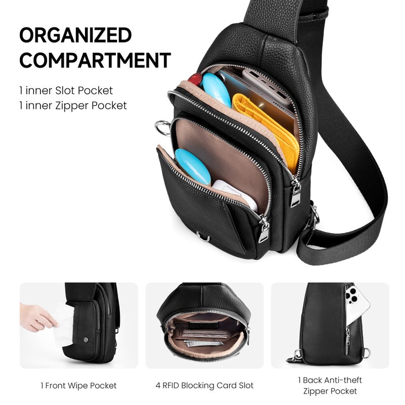 befen Anti Theft Genuine Leather Sling Bag for Women Black Leather Crossbody Fanny Packs with RFID Blocking Card Slots Soft Chest Bag with Adjuatable Strap Ladies Crossbody Purse for Travel - Image 5