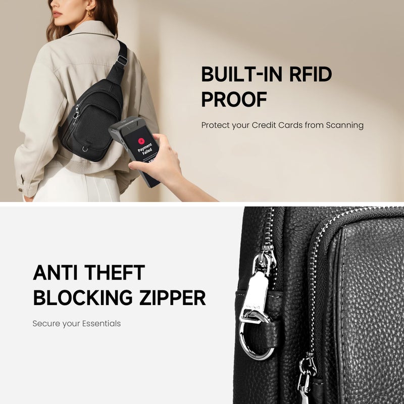 befen Anti Theft Genuine Leather Sling Bag for Women Black Leather Crossbody Fanny Packs with RFID Blocking Card Slots Soft Chest Bag with Adjuatable Strap Ladies Crossbody Purse for Travel - Image 3