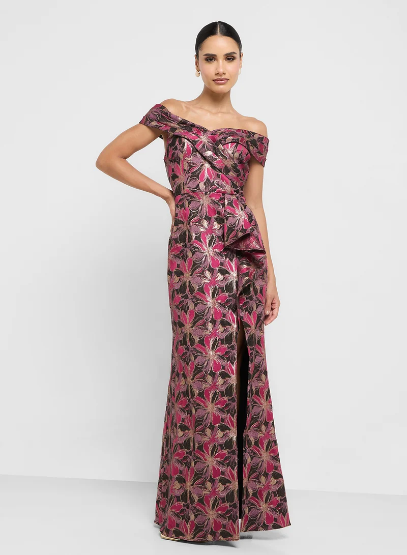 Adrianna Papell Off Shoulder Jacquard Gown