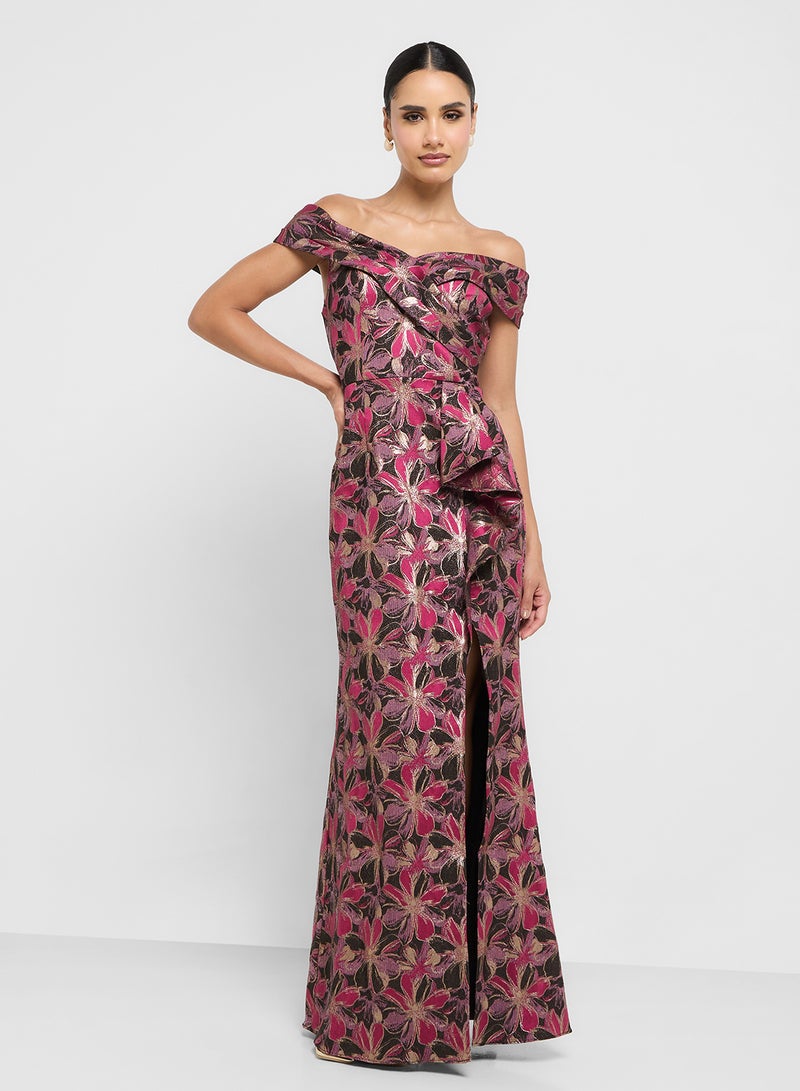 Adrianna Papell Off Shoulder Jacquard Gown - Image 4