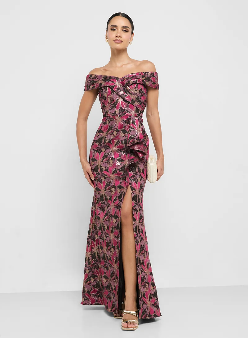 Adrianna Papell Off Shoulder Jacquard Gown